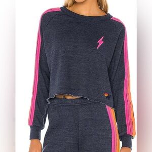 Aviator Nation Bolt Cropped Classic Crewneck in Heather Navy Neon Size Small